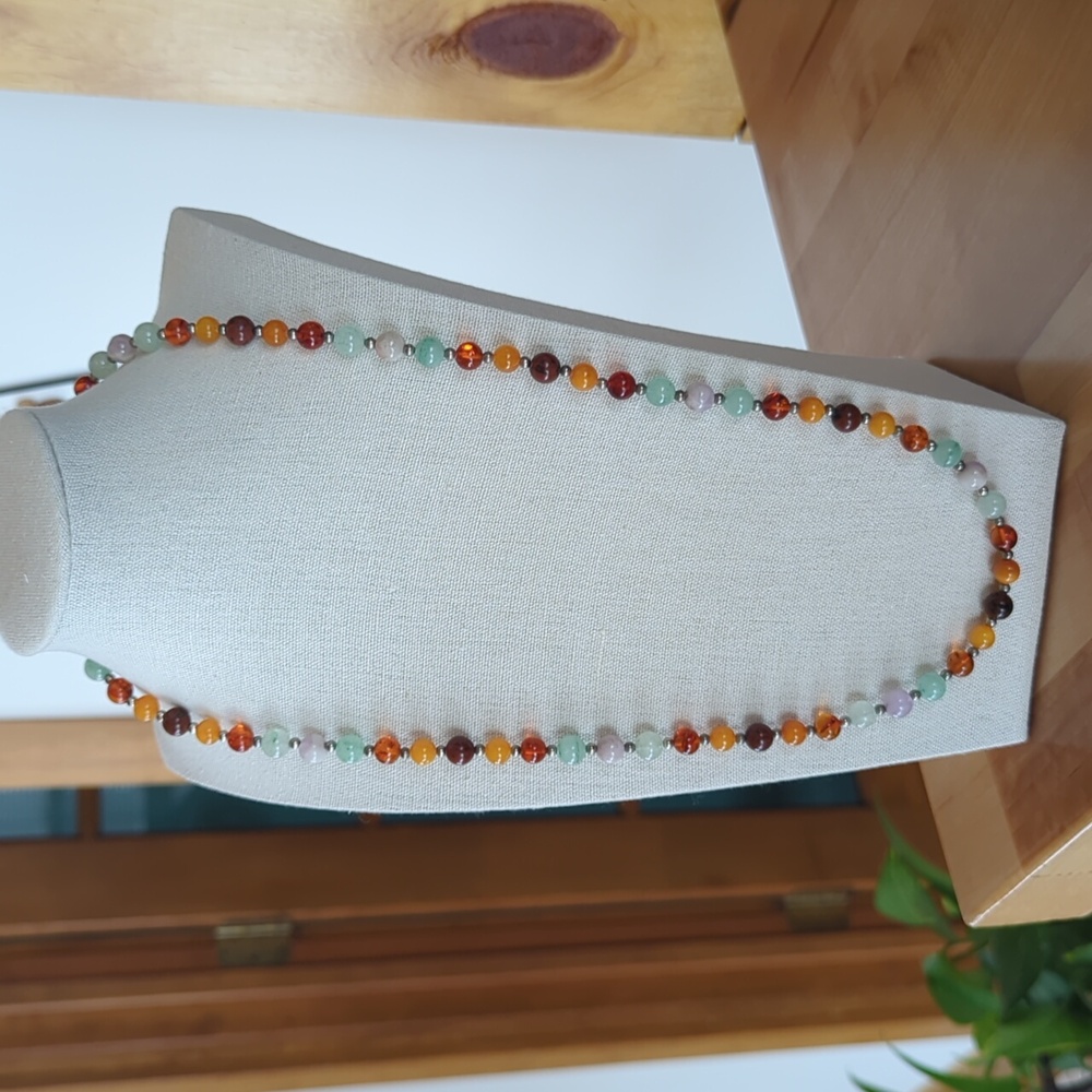 Multicolor Stone & Amber Necklace 26"